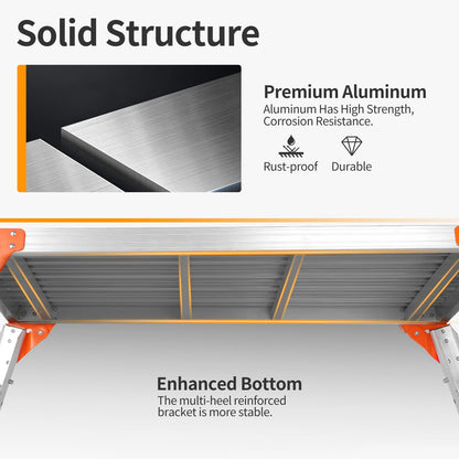 Multifunctional & Adjustable Work Platform with Wheels, 330 lbs Capacity, 25 to 35 inches Step Ladder, Aluminum Folding Scaffolding Ladder, Heavy Duty Portable Bench Ladder Stool with Non-Slip Feet
