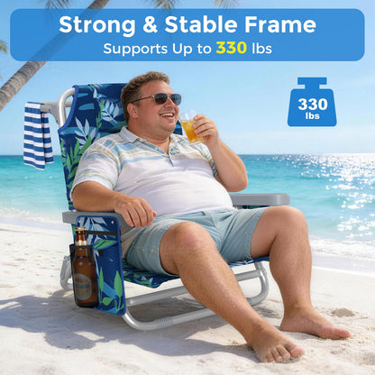 5-Position Backpack Beach Chairs for Adults, Foldable Heavy-Duty Beach Chair with Lumbar,Cooler Bag,Cup Holder,Towel Rack for Beach, Camping, Outdoor(2Pack)