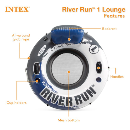 Intex River Run 1 53'' Inflatable Floating Water Tube Lake Raft with Heavy-Duty Handles, Backrest and Cupholders for Lake, River, n(6 Pack)