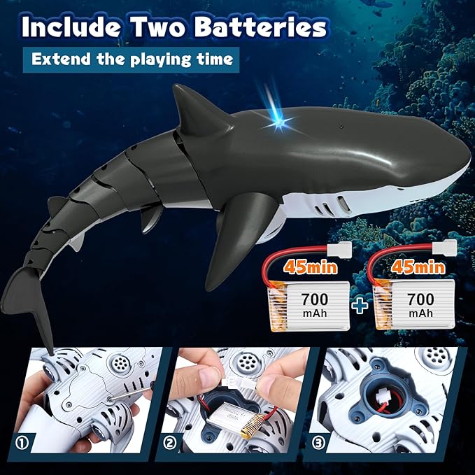 2.4Ghz Remote Control Shark Pool Toys for Boys KidsHighly Realistic Shark Pool Toys for KidsRC Boat Outdoor Water Toy with Light and Spray Water for Boys Girls Ages 6+ (with 2 Batteries)