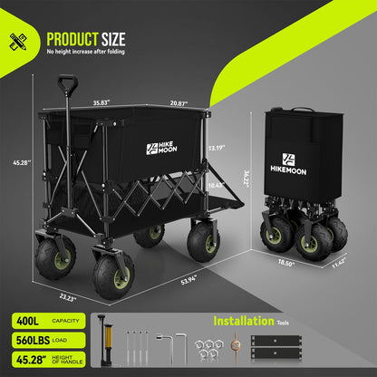 Hikemoon Double Decker Beach Wagon with 10" Big Balloon Wheels for Sand, 54'' Extra Long 560LBS Heavy Duty Wagons Carts Foldable, 400L Large All-Terrain Collapsible Folding Cart for Outdoors, Black