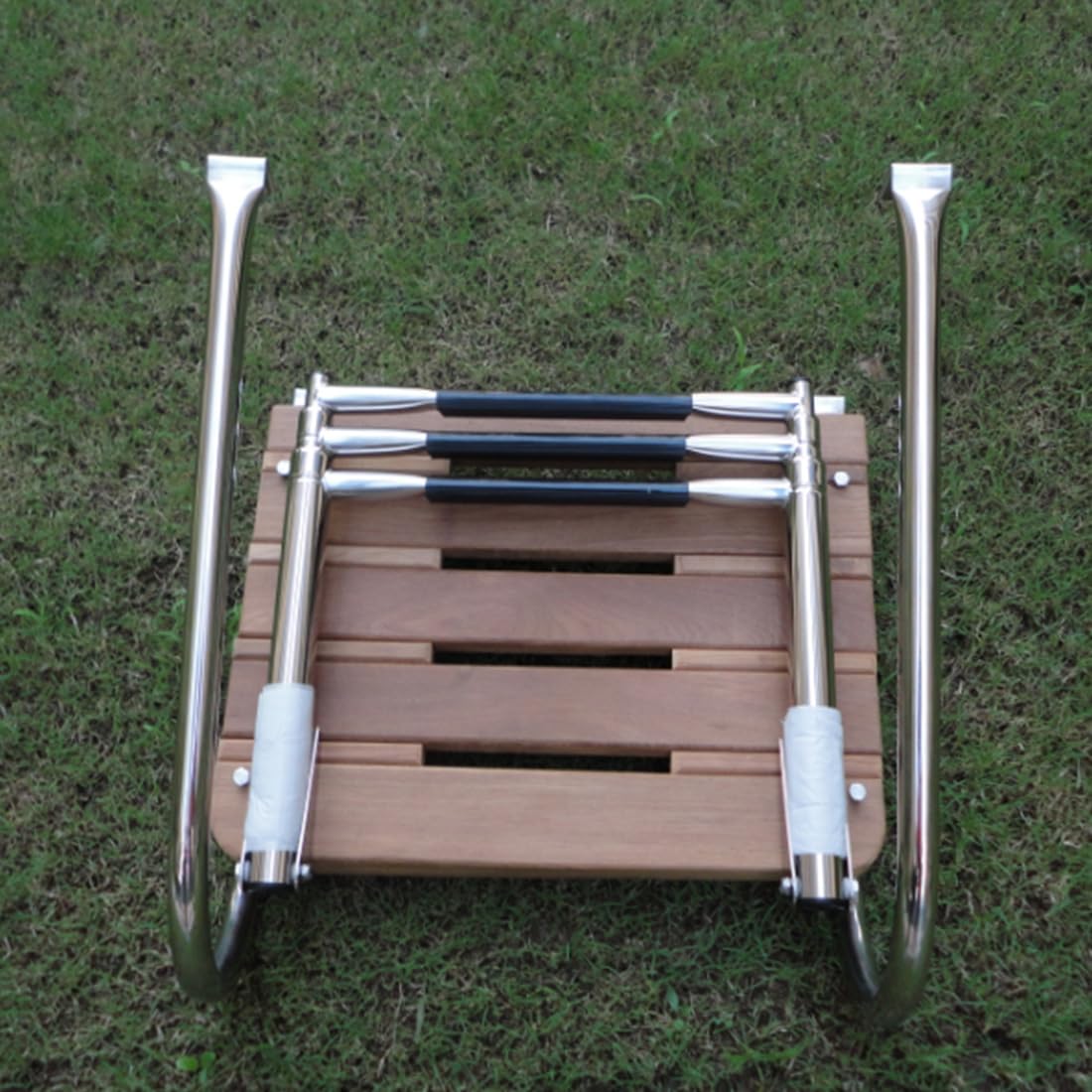 Telescoping 3-Step Swim Platform Ladder with Dual Handrails, Teak Stainless Steel Boat Boarding Ladder