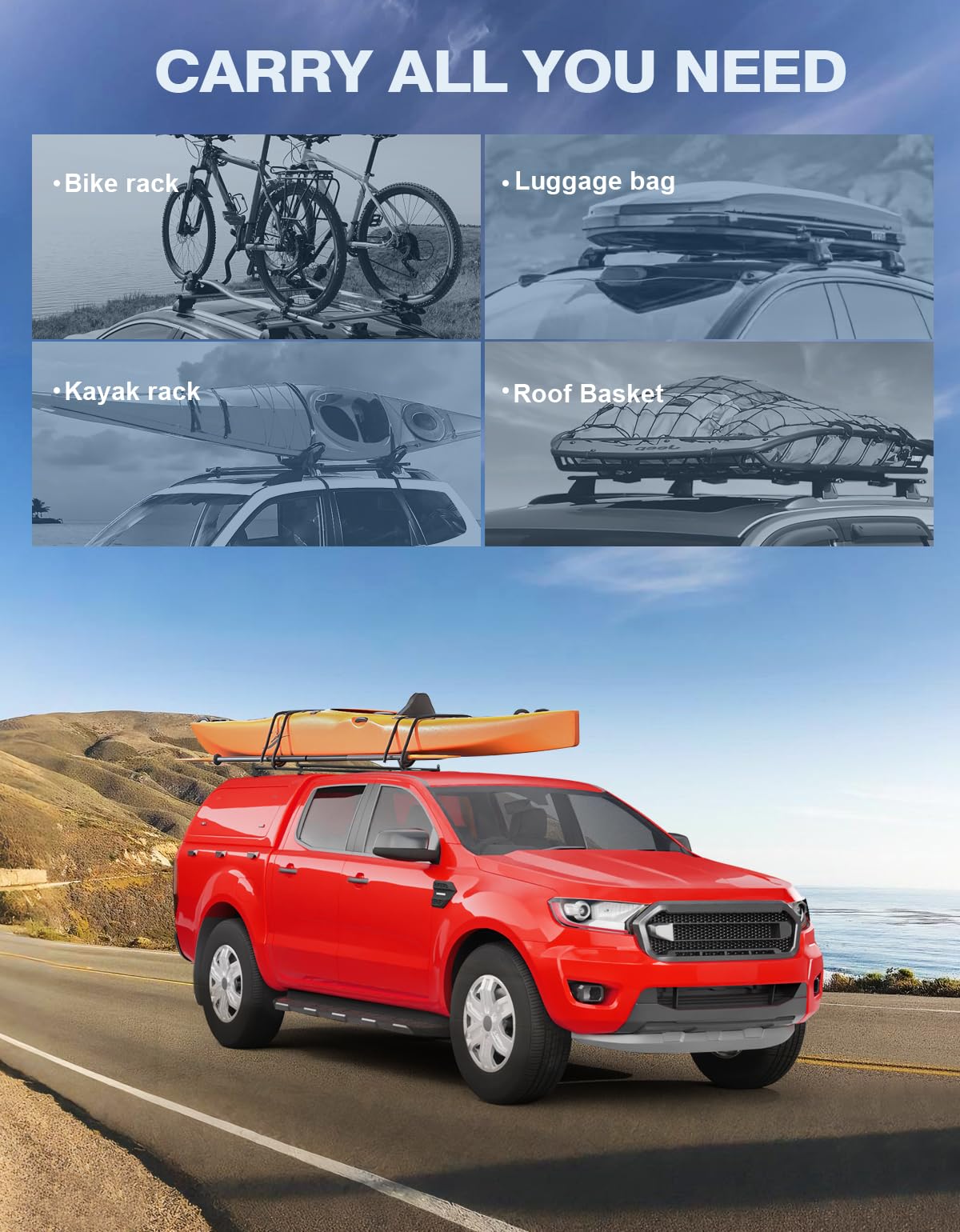 TideFree 57" Universal Roof Ladder Rack for Van & Pickup Truck Cap & Topper, Roof Rack, 2 Bars, Heavy Duty Aluminum Ladder Roof Van Rack Truck Rack (Drilling Required) Adjustable Ladder Rack (Black)