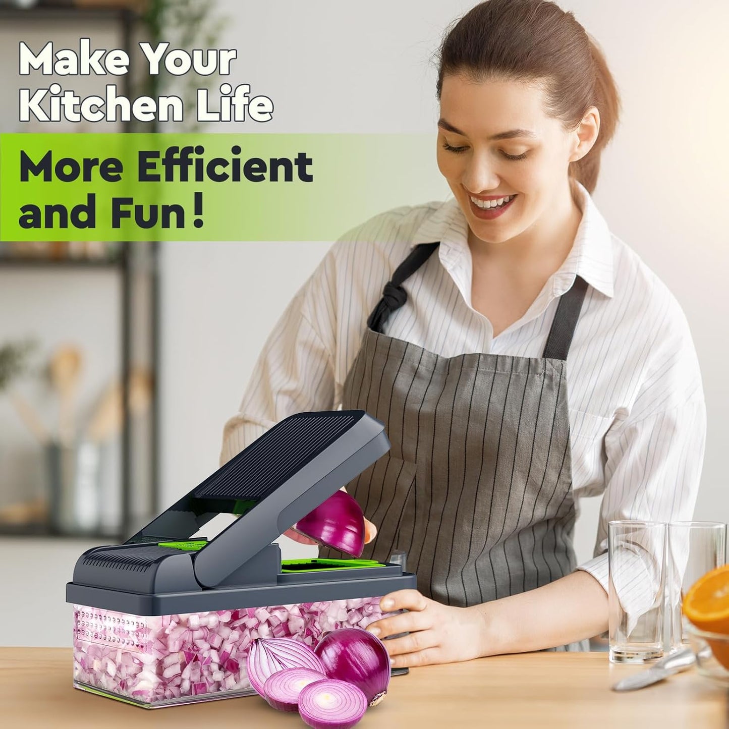 MealHelper 12-in-1 Vegetable Chopper - Versatile 7 Blade Food Chopper with Container | Green/Grey Kitchen Essential