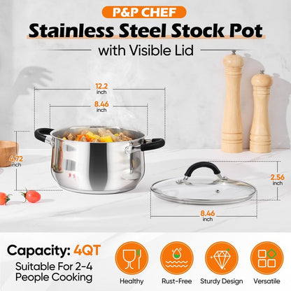 P&P CHEF Stainless Steel Stock Pot, 4 Qt Cooking Soup Pot with Visible Lid for Pasta, Tri-Ply Bottom & Dual Heatproof Handles, For Induction Gas All Stoves, Non-Toxic & Dishwasher Safe
