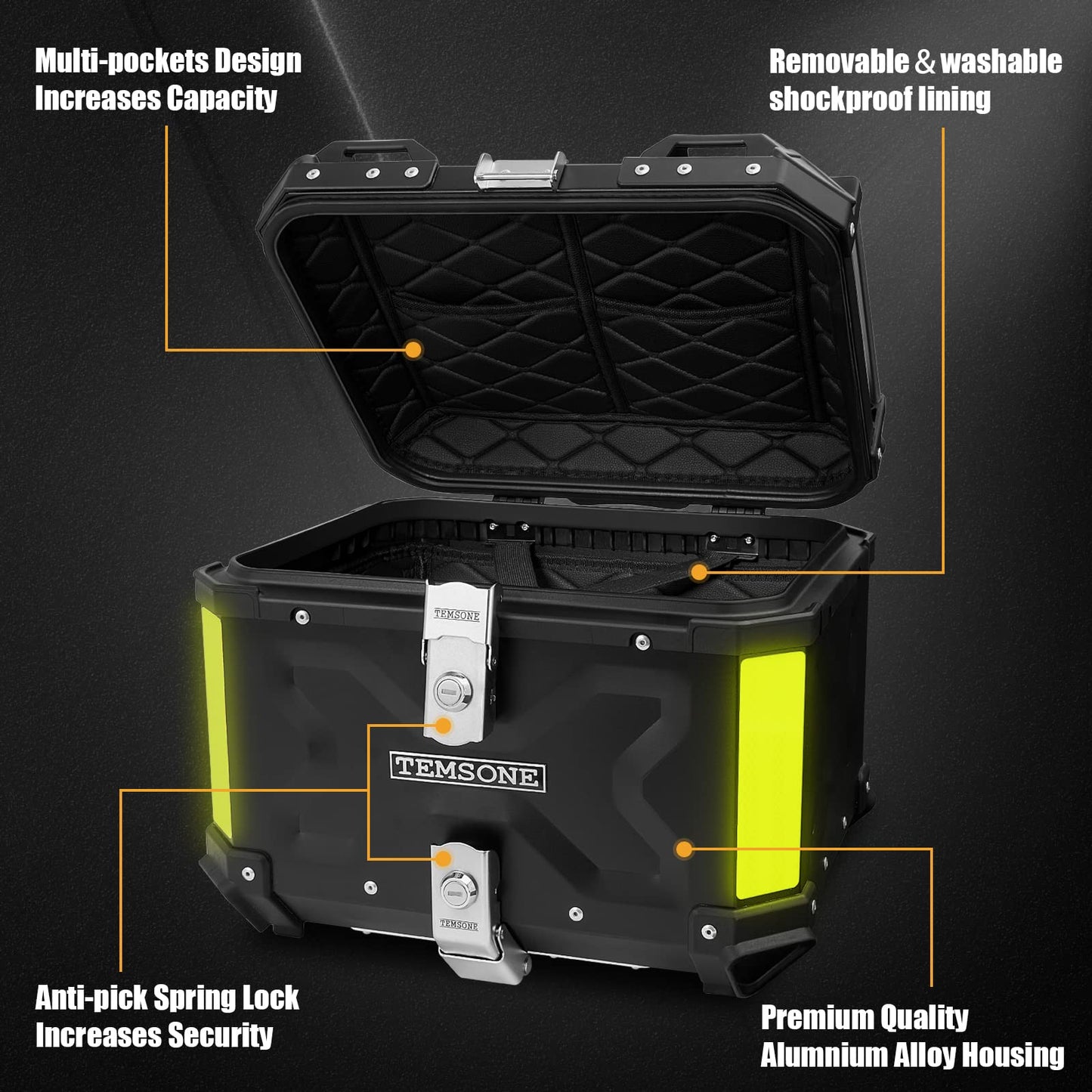 TEMSONE 45L Universal Motorcycle Top Case, Waterproof Motorcycle Tail Box with Backrest & Handle, Dual-key Storage Carrier Case, Aluminum Trunk Tour Tail Box for Store Helmet