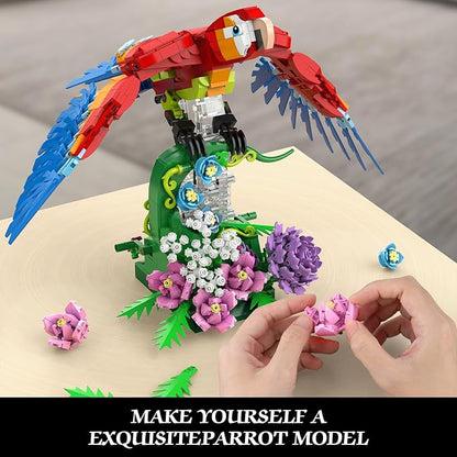 Parrot Floral Building Set MOC Flower and Parrot Collectible Table Art Kit Creator 2 in 1 Animals Bird Ideas Gifts Toys for Adults and Teens Age 14+ (1176 PCS)