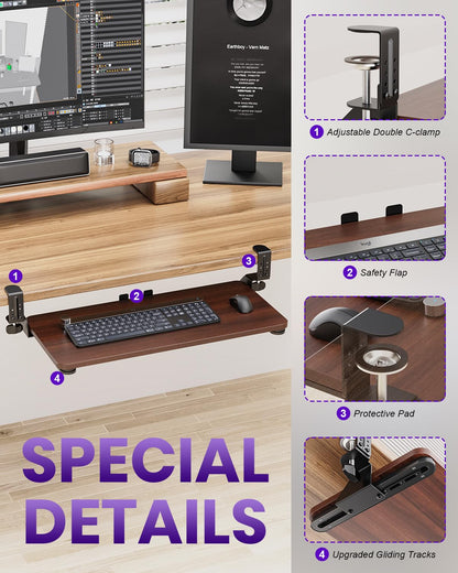 Zontera Ergonomic Keyboard Tray Under Desk, Pull Out with Adjustable C-clamp, 25.6 (31.5 Including Clamps) x 11.8 Inch Slide Out Computer Keyboard Drawer Mouse Tray for Typing, Large & Walnut