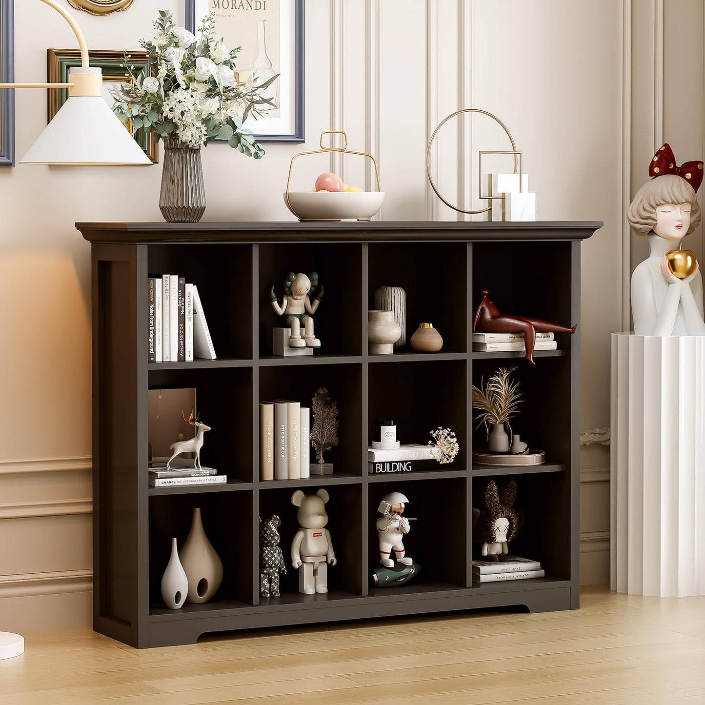 OSCHF Cube Storage Bookcase with Base - Wooden 3 Tiers Floor Standing Open Shelf Cabinet for Home and Office, 12-Cube Lattice Bookshelf, Black