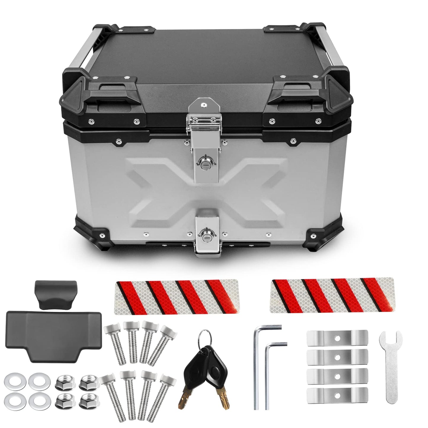 Donpida Universal Motorcycle Top Case,55L Motorbike Tail Box Trunk Tour Storage Carrier Case with Backrest, Security Lock and Handle for Helmet Luggage,Sliver