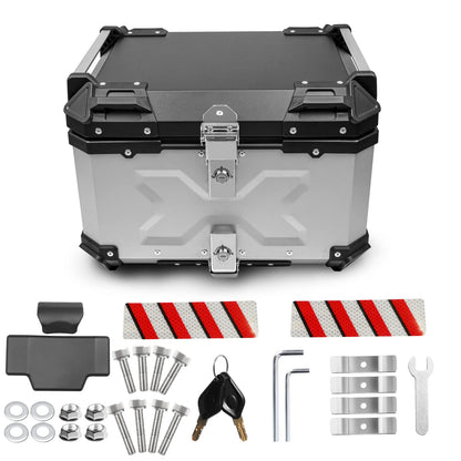 Donpida Universal Motorcycle Top Case,55L Motorbike Tail Box Trunk Tour Storage Carrier Case with Backrest, Security Lock and Handle for Helmet Luggage,Sliver