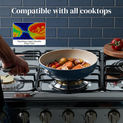 Redchef Ceramic Deep Saute Pan with Lid, Large Jumbo Cooker, 11 Inch Frying Pans Nonstick with Stay Cool Handle, Non Toxic Cooking Skillet, Kitchen, Induction Dishwasher Safe, PFOA & PFAS Free(Blue)