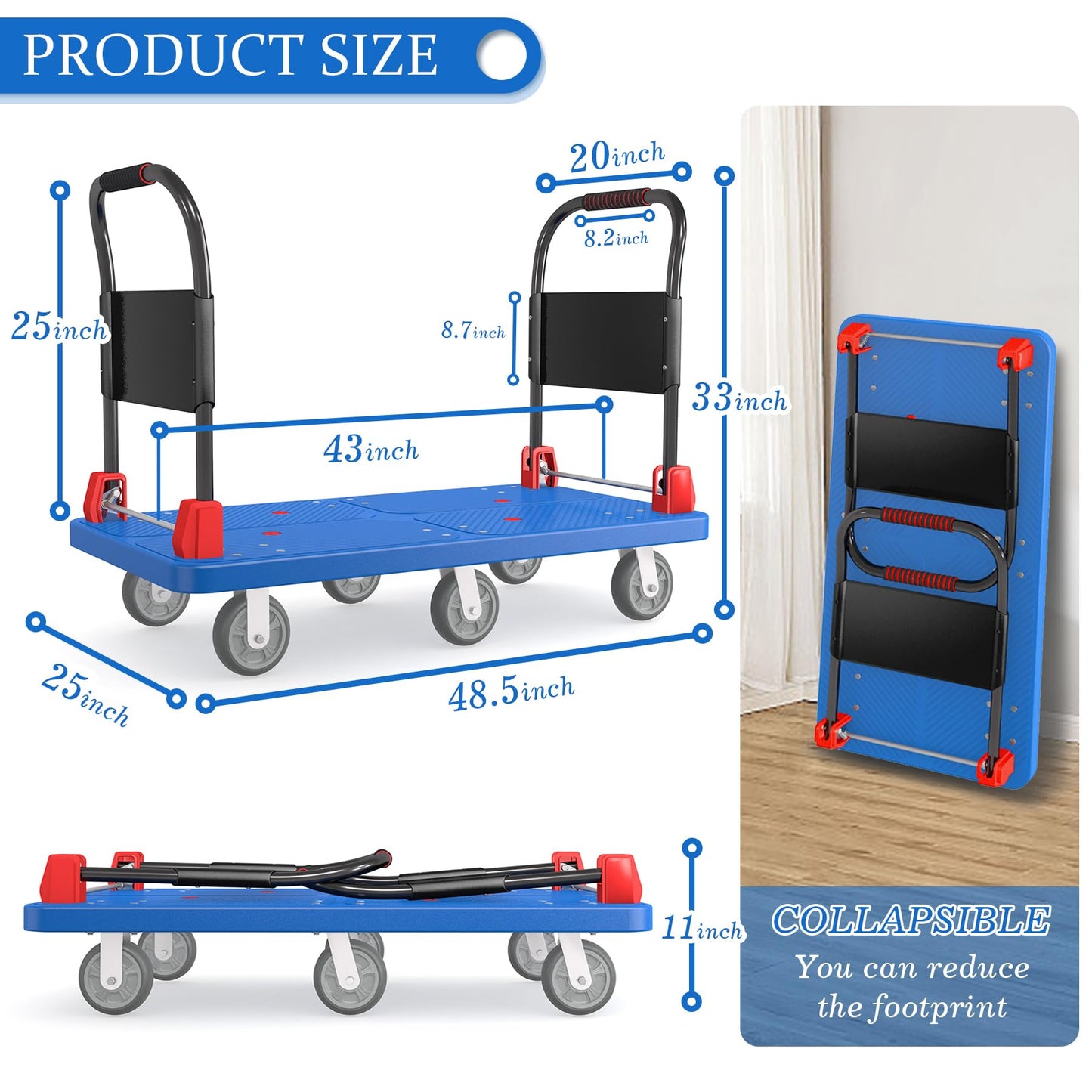 Heavy-Duty Platform Truck Cart with 2 Handrails and 6 of 6" Wheels 2200lbs Capacity Foldable Push Cart Dolly Large Flatbed Hand Cart Moving Dolly Cart for Groceries, Garage, Warehouse (50" L x 27" W)