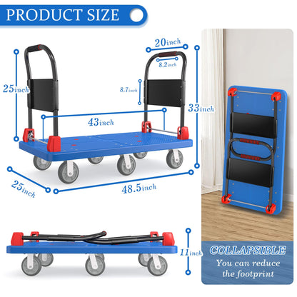 Heavy-Duty Platform Truck Cart with 2 Handrails and 6 of 6" Wheels 2200lbs Capacity Foldable Push Cart Dolly Large Flatbed Hand Cart Moving Dolly Cart for Groceries, Garage, Warehouse (50" L x 27" W)