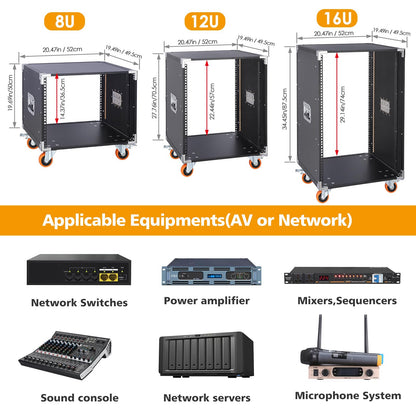 WikrOck Movable AV Gear Rack 16U 19in Mobile Floor Standing Network Device Storage Cabinet Stand - Audio Stereo Studio DJ Equipment Rack Server IT Data Devices Storage Cabinet with Castors