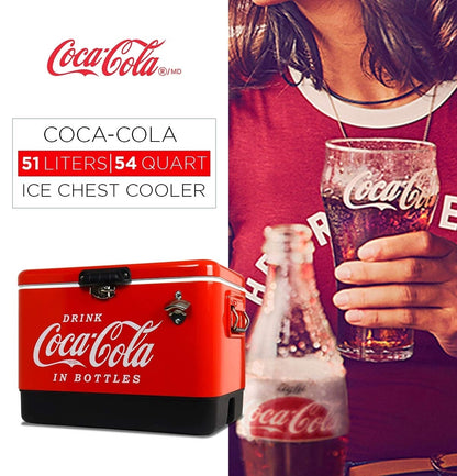 Coca-Cola Ice Chest Cooler - Portable Ice Bucket with Bottle Opener, Vintage Style, Insulated for Camping, Beach, Picnic, RV, BBQs, Tailgating, Fishing, Stainless Steel 85 Can Ice Box, 51L (54 qt)
