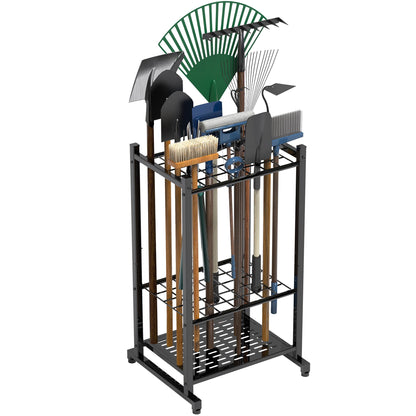 Garden Tool Organizer, Yard Tool Tower Rack for Garage Organization and Storage, Up to 35 Long-Handled Tools/Rakes/Brooms, Heavy Duty Steel Garden Tool Stand for Shed, Outdoor, Black