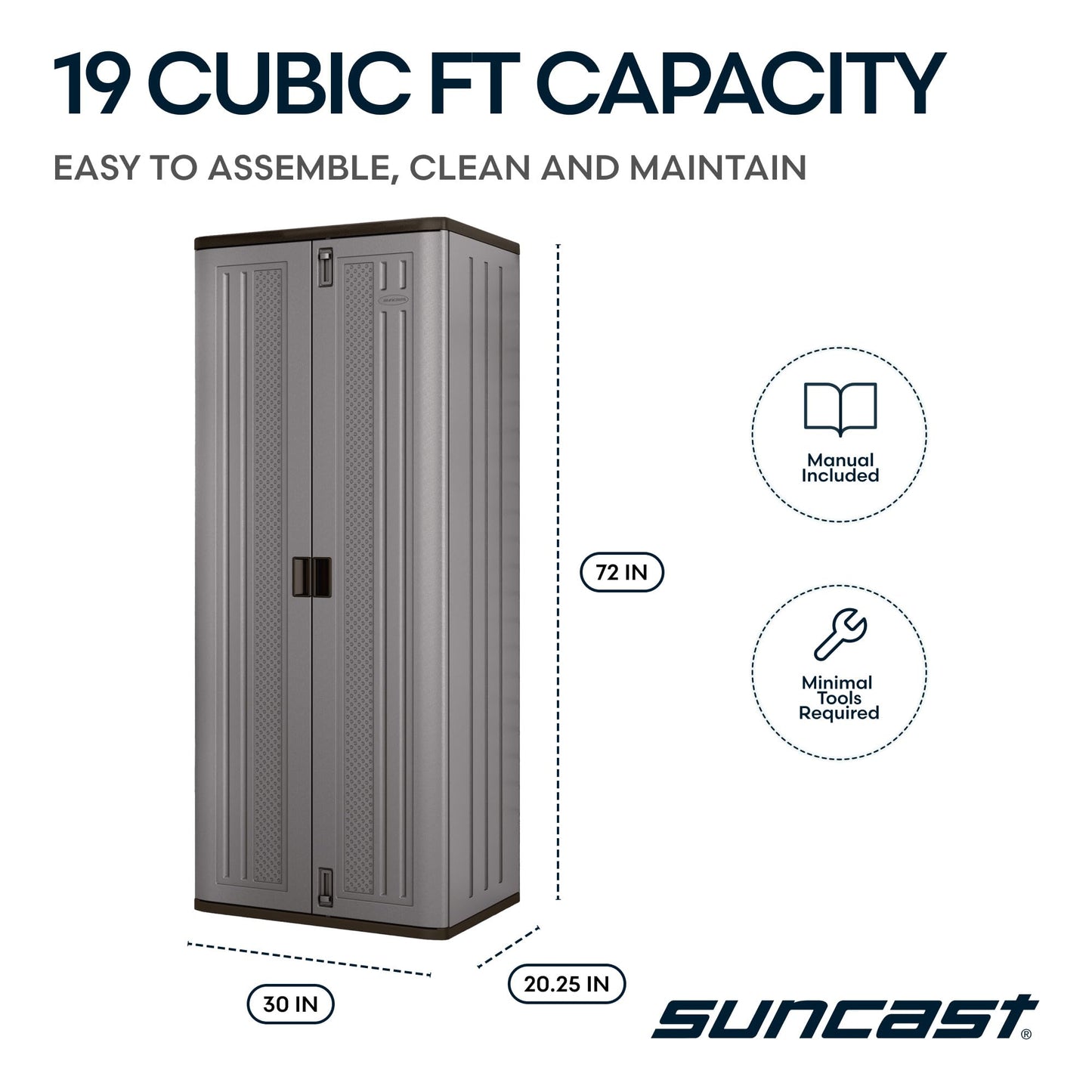 Suncast Tall Storage Cabinet for Garage Organization - 72" Freestanding Utility Closet with Shelving for Garden Supplies, Paint Cans & Outdoor Tools, Multi-Wall Resin Construction, Platinum