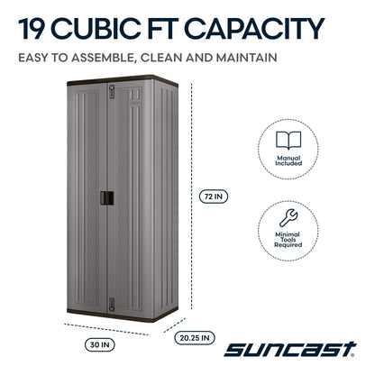 Suncast Tall Storage Cabinet for Garage Organization - 72" Freestanding Utility Closet with Shelving for Garden Supplies, Paint Cans & Outdoor Tools, Multi-Wall Resin Construction, Platinum