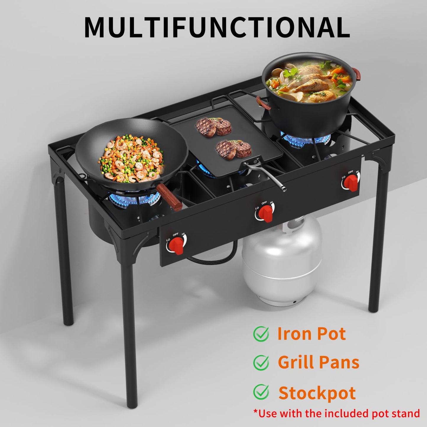 SKOK 3 Burner Propane Stove - Portable Camping Stove with 225,000 High Efficiency Propane Burner，Outdoor Stove for Camping, Backyard, Picnic