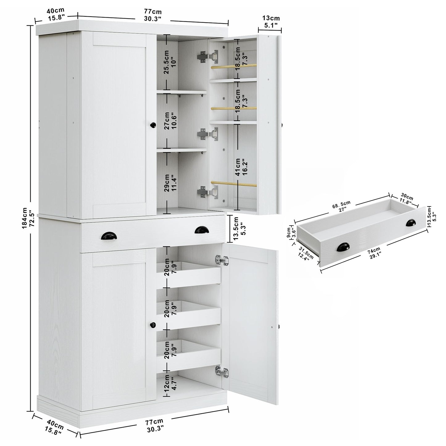 IRONCK Kitchen Pantry Cabinet 72" Height, Freestanding Cupboard with Drawer, Sliding Storage Rack, and 6 Hanging Shelves for Dining Room, Laundry, White