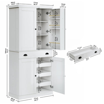IRONCK Kitchen Pantry Cabinet 72" Height, Freestanding Cupboard with Drawer, Sliding Storage Rack, and 6 Hanging Shelves for Dining Room, Laundry, White