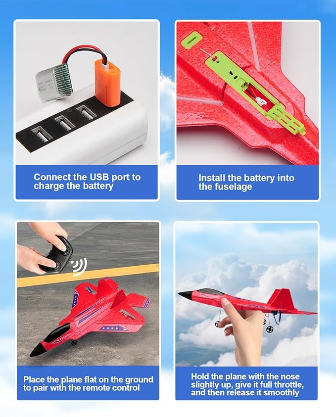 F22 RC Airplane 2.4GHz Remote Control Jet with Gyro Stabilizer LED Lights 2 Batteries Easy to Fly for Kids Boys Adults Beginners (Red)