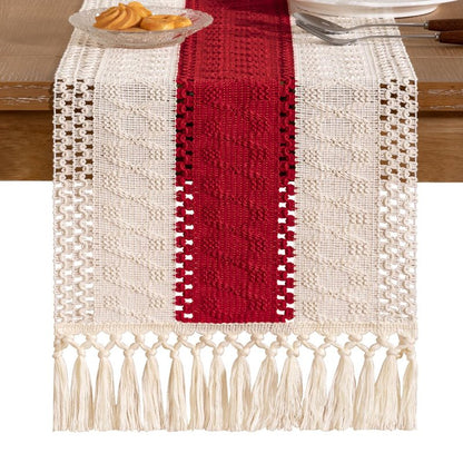 Socomi Boho Table Runner Easter Spring Farmhouse Rustic Dining Kitchen Centerpiece Decor Small Macrame Woven Cotton Linen Coffee Table Runner for Dresser Scarf Home Decor 12x60 in Red Ivory