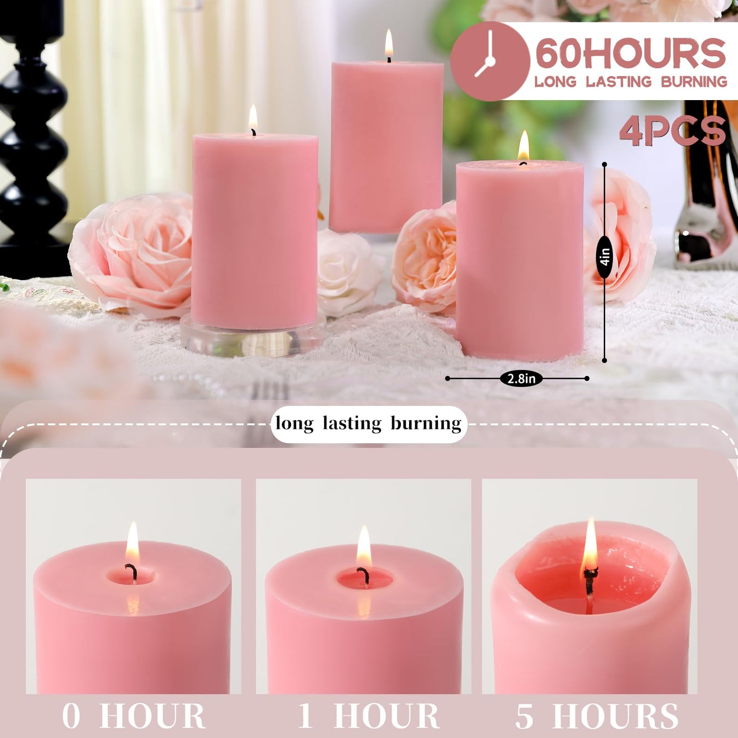 4 Pack Apple Cinnamon Scented Pillar Candles,Natural Soy Wax Candles-2.8x4In,Smokeless & Non-Toxic,60H Long Lasting Burning Fragrance Candles for Home,Mother’s Day Gifts,Spa Relaxation