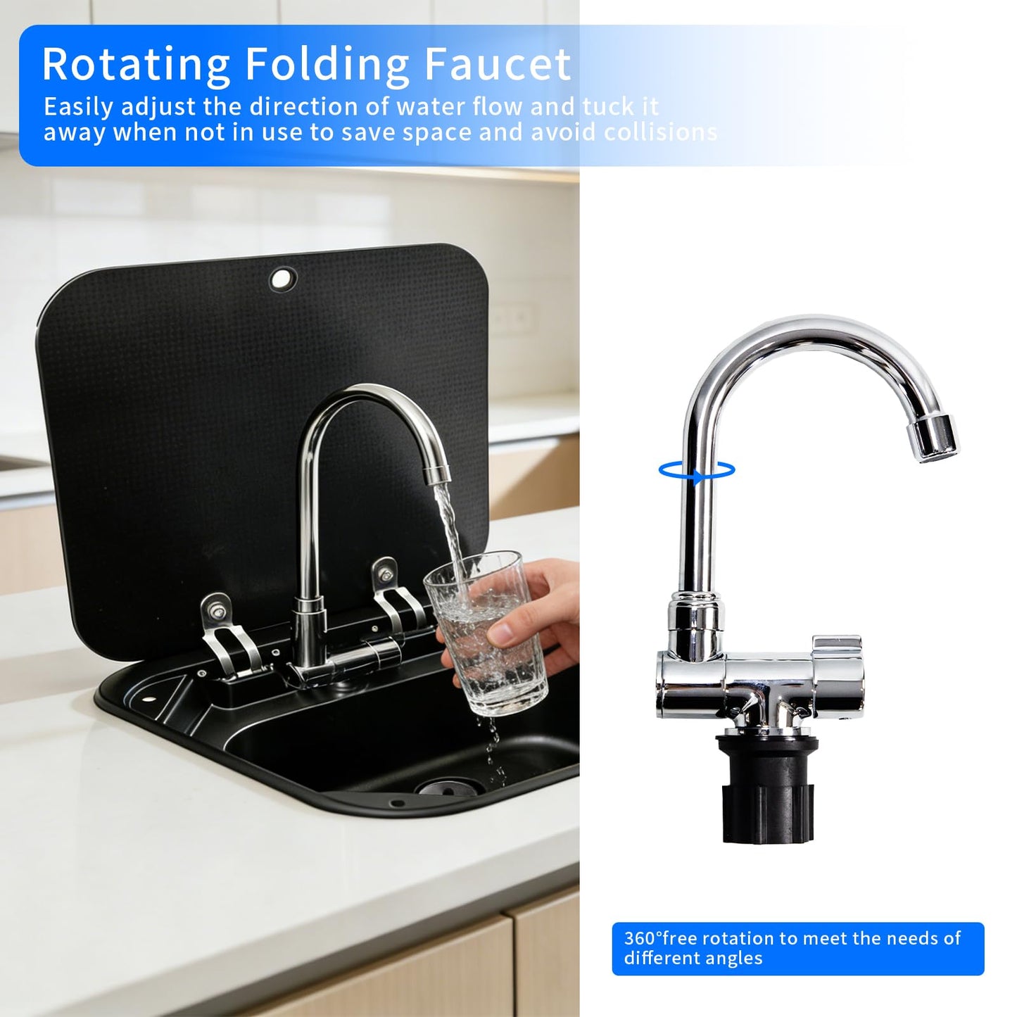 RV Camper Sink，Portable Small Bar 16.54×14.57×5.91 Inch Collapsible Wash Basin Black Kitchen Sink with Faucet Tempered Glass Lid Van Camper Trailer Accessories