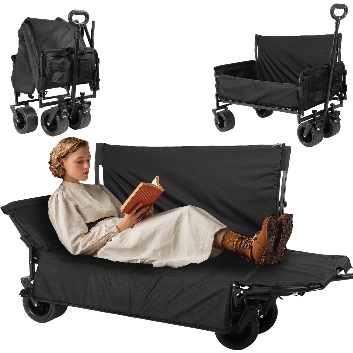 Collapsible Folding Outdoor Utility Wagon, 440LBS Heavy Duty Utility Carts,Reclining Camper,Expandable Storage，Padded and Wheeled, All Terrain Wheels, Great for Camping, Outdoors, Shopping