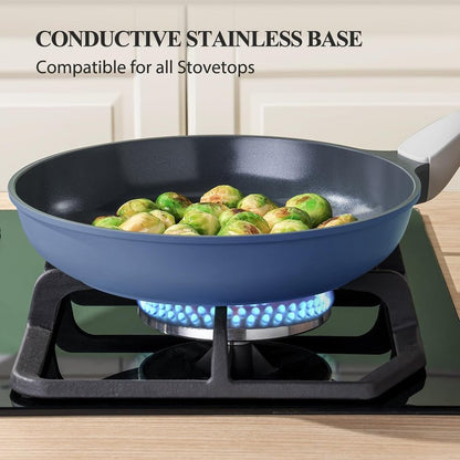 PRICUSIS Nonstick Ceramic Frying Pan, 8/10/12 Inch Non Toxic Skillet, Egg & Omelet & Chef's Pan, Induction Compatible & Oven Safe, Dishwasher Safe,PTFE PFAS & PFOA Free (8 Inch, Blue Gray)