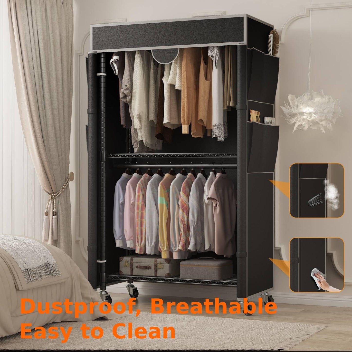 Homdox Garment Rack with Cover, Heavy Duty Clothing Rack for Hanging Clothes, Portable Closet Wardrobe, Double Rods Garment Rack with wheels, 35.1" W x 17.4" D x 80.6" H, Black