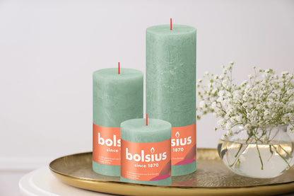 BOLSIUS 4 Pack Sage Green Rustic Pillar Candles - 2.75 X 3.25 inches - Premium European Quality - Includes Natural Plant-Based Wax - Unscented Dripless Smokeless 35 Hour Party and Wedding Candles