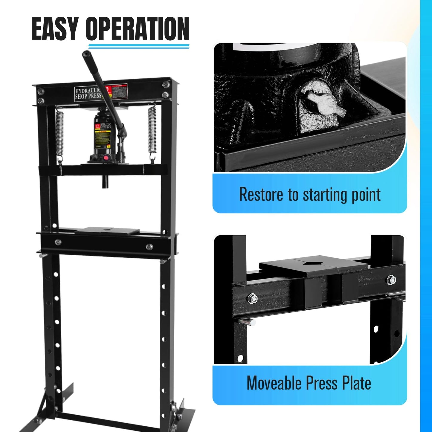 12T Hydraulic Press, Heavy Duty H-Frame Garage Floor Hydraulic Shop Press with Press Plates, Adjustable Working Table Height, for Auto Repair, Black