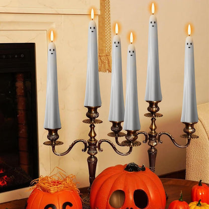 Halloween Ghost Flameless Taper Candles Battery Operated with Remote and Timer Real Wax 3D Wick Flickering White LED Taper Candlesticks Spooky Halloween Indoor Decor(2 Pack, 0.79"D x 9.5"H)