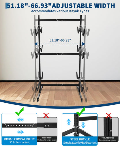 ActiveTrail Freestanding Kayak Storage Rack for 6 Kayaks with Wheels, Heavy-Duty Steel Outdoor Kayak, Canoe & SUP Rack with Hanging Straps for Garage, Dock & Backyard
