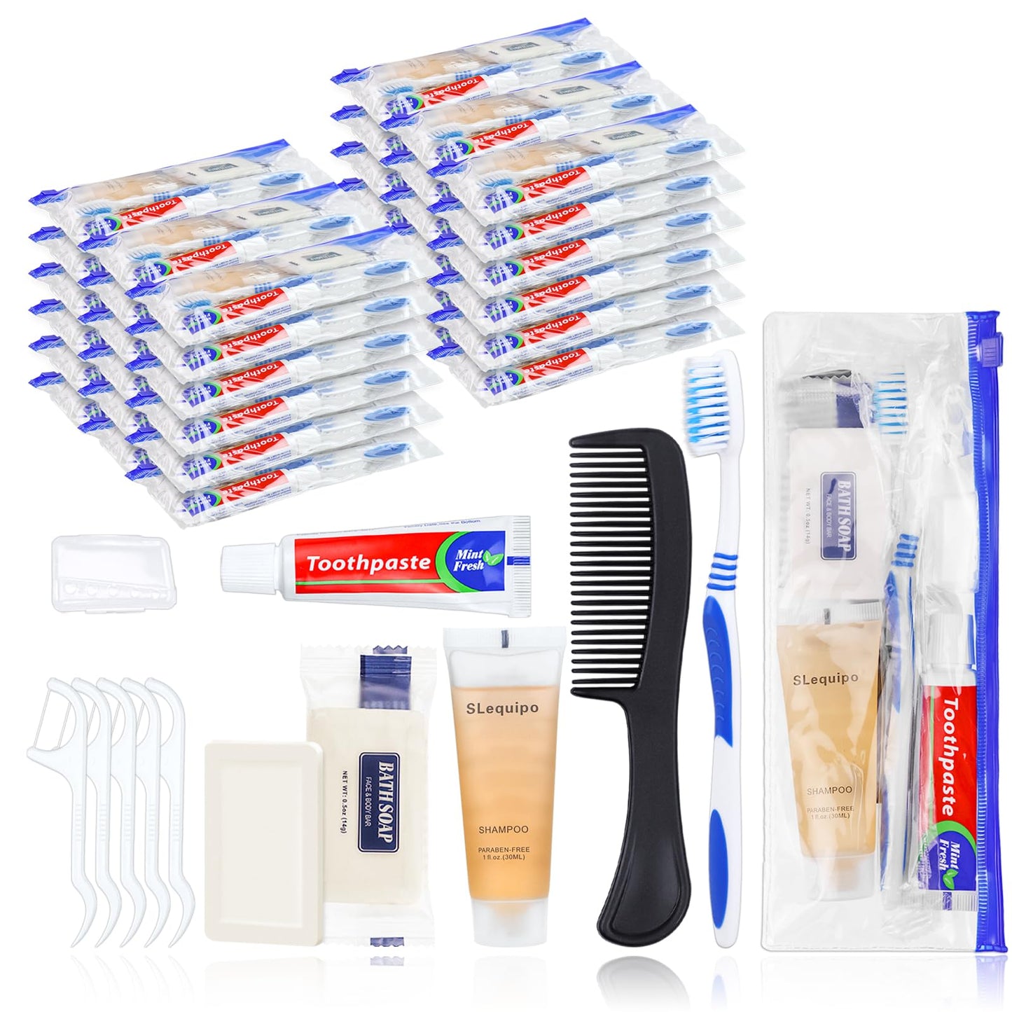 SLequipo Pack of 100 Hygiene Kit, Hygiene Kit Bulk, Individually Packed, Travel Hygiene Kit with Toothbrush, Toothpaste, Comb, Shampoo, Soap and Floss Picks, Home, Suitable for Hotel, Camping, Travel