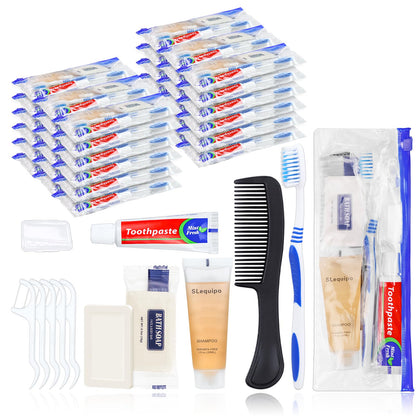 SLequipo Pack of 100 Hygiene Kit, Hygiene Kit Bulk, Individually Packed, Travel Hygiene Kit with Toothbrush, Toothpaste, Comb, Shampoo, Soap and Floss Picks, Home, Suitable for Hotel, Camping, Travel