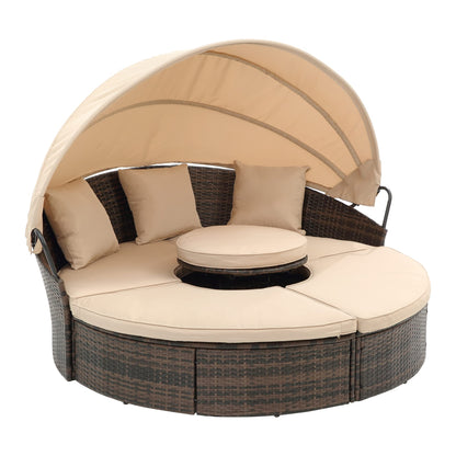 GDFStudio Outdoor Rattan Round Daybed with Canopy, Patio Wicker Lounge Bed with Lift-Top Coffee Table, Clamshell Sectional Seating Sofa Bed with Cushions & Pillows for Garden, Poolside, Beige