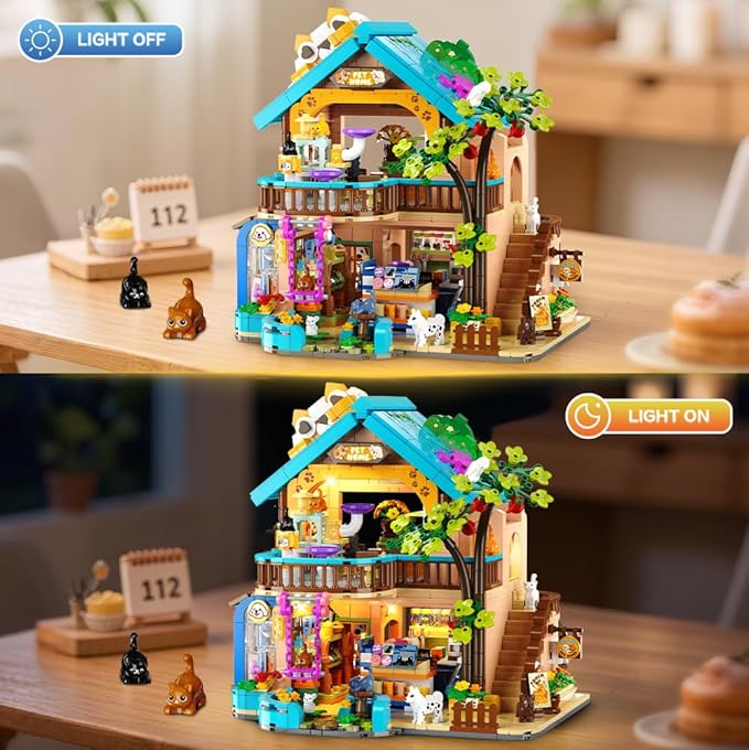 City Pet Shop Building Set with Lights Cozy Pet Store Construction Toy with Cats Dogs Cute Animal Store Miniature House Model Building Block Kit for Adults Kids Boys Girls Ages 8-12+