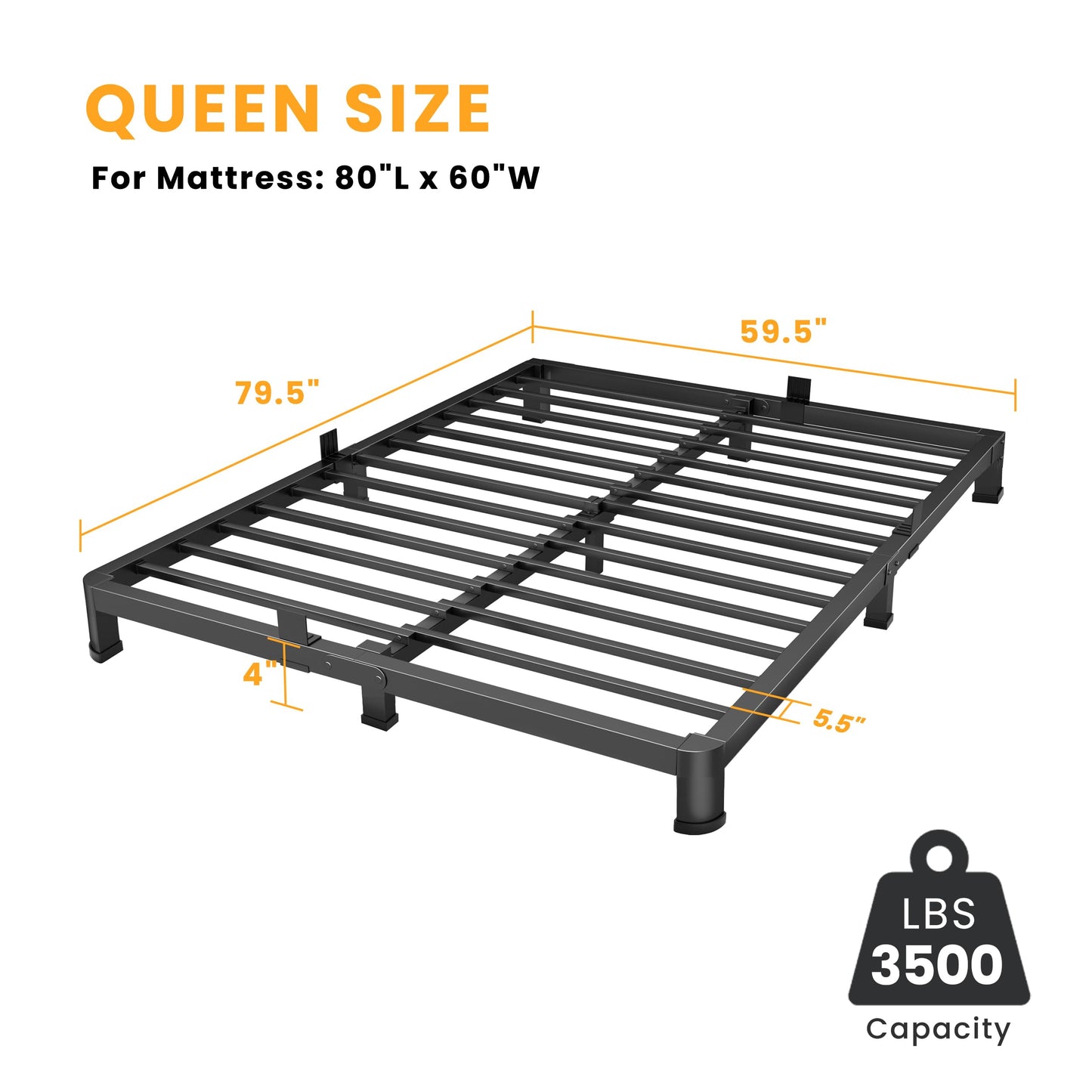 Superay 4 Inch Queen Bed Frame Low Profile, Heavy Duty Metal Platform Bed Frame with Round Corner Legs, Sturdy Mattress Foundation, No Box Spring Needed, Easy Assembly, Noise Free, Black