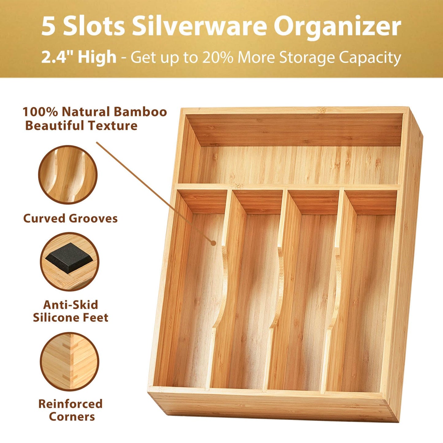 Umilife Bamboo Kitchen Drawer Organizer, 13 Inch Silverware Utensil Tray Holder, Extra Deep Grooved Drawer Divider, 7 Slots Total Bamboo Wood Caddy for Flatware Cutlery Knives, Forks, Spoons
