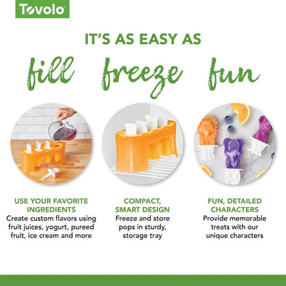 Tovolo Animal Popsicle Molds Zoo Crew Set of 4 Reusable Popsicle Molds with Sticks Bear Lion Monkey Elephant, BPA Free Silicone Pop Maker for Kids, Dishwasher Safe Animal Ice Molds for Frozen Treats