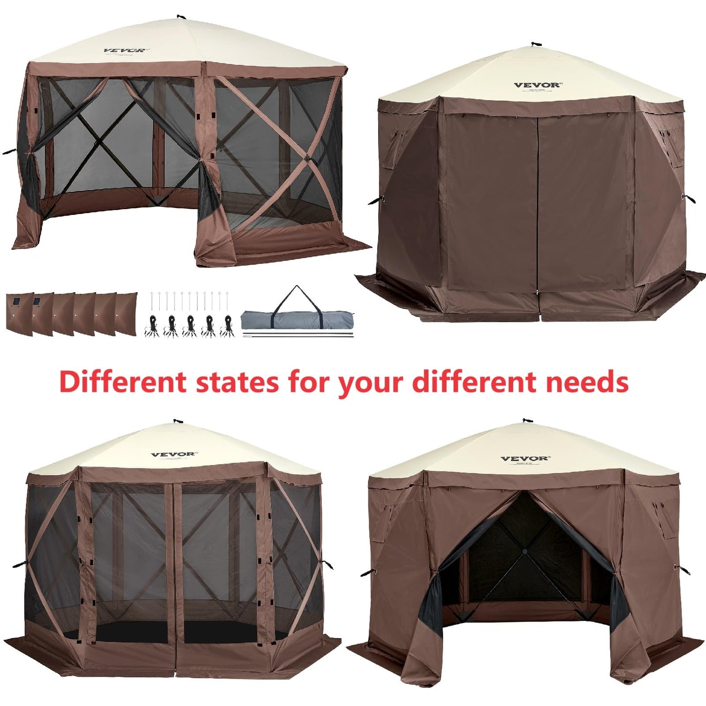 VEVOR Pop Up Gazebo Screen Tent, Pop-Up Instant Gazebo Tents with Mosquito Netting Outdoor Canopy, 6 Sided Sun Shelter 10x10ft with 6 Removable Wind Cloths & 2 Mesh Windows, Pavilion Tent for Patio