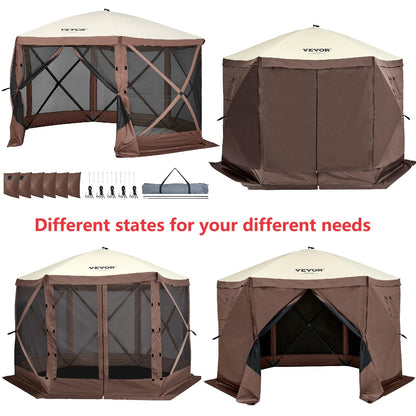 VEVOR Pop Up Gazebo Screen Tent, Pop-Up Instant Gazebo Tents with Mosquito Netting Outdoor Canopy, 6 Sided Sun Shelter 10x10ft with 6 Removable Wind Cloths & 2 Mesh Windows, Pavilion Tent for Patio
