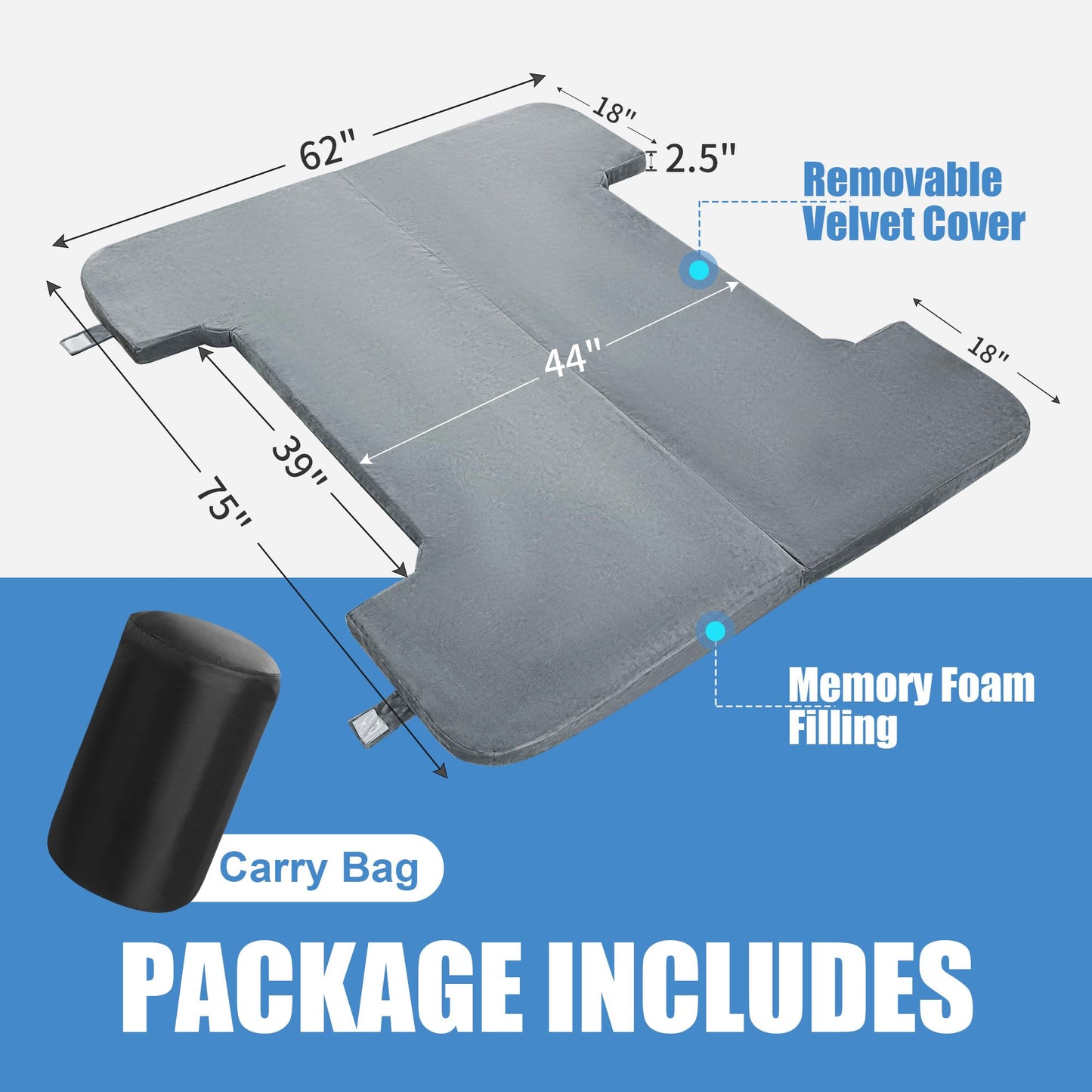 HOMBYS Memory Foam Truck Bed Mattress for 6ft to 6.5ft, Foldable 2.5" Thickness Full Size Truck Bed, Pick Up Mattress for Tent Camping, Grey
