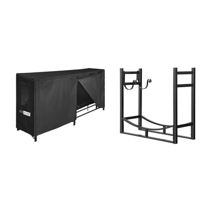 VIVOHOME 8ft Heavy Duty Indoor Outdoor Firewood Storage Log Rack with Cover Combo, Black, 1.2mm Steel Tube