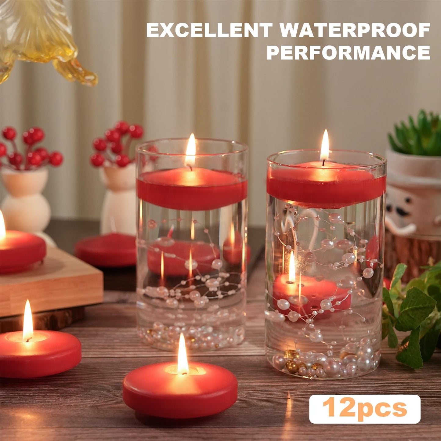 GINITIRI 12 Pack Red Floating Candles 3 inch, Unscented Traditional 3" Floating Candles for Centerpieces,7 Hours Burning, Red Water Candles for Cylinder Vases, Wedding, Party, Pool