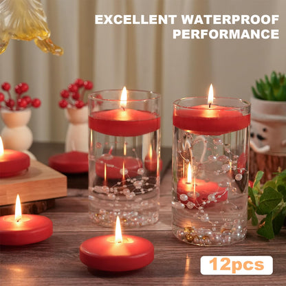 GINITIRI 12 Pack Red Floating Candles 3 inch, Unscented Traditional 3" Floating Candles for Centerpieces,7 Hours Burning, Red Water Candles for Cylinder Vases, Wedding, Party, Pool
